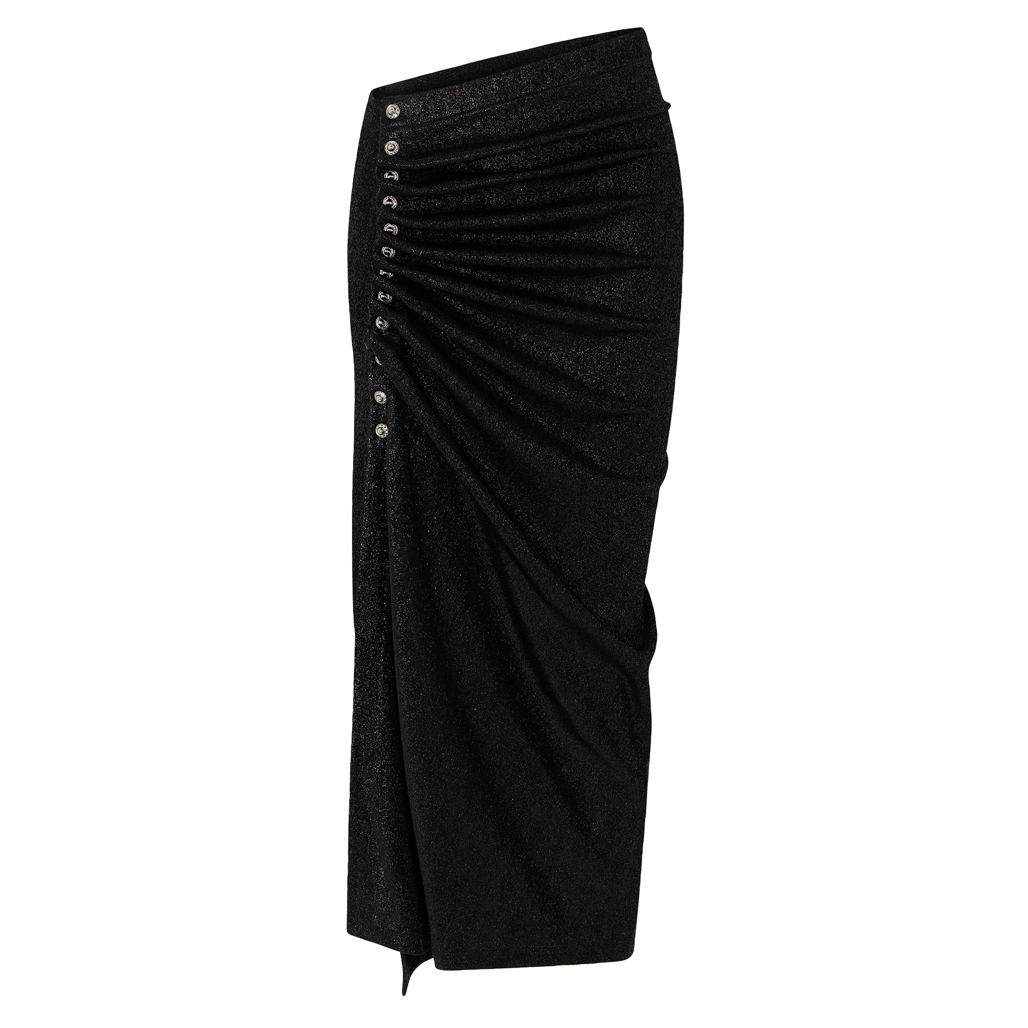 Embellished-Button Asymmetric Lurex Midi Skirt