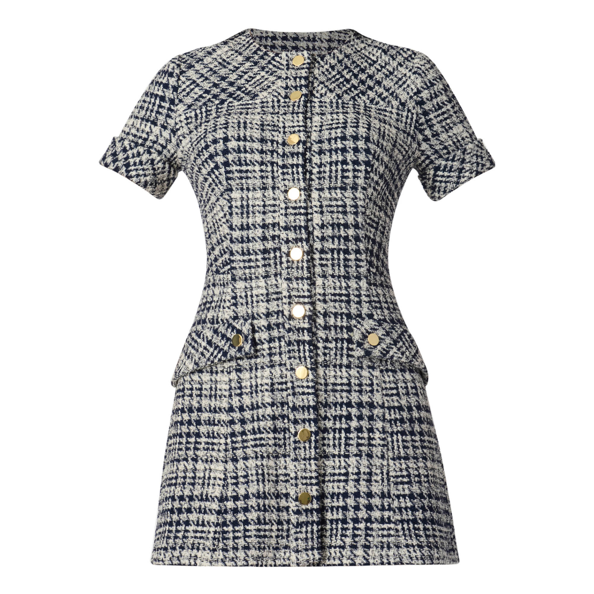 Haisley Short Sleeve Button-Front Tweed Houndstooth Mini Dress