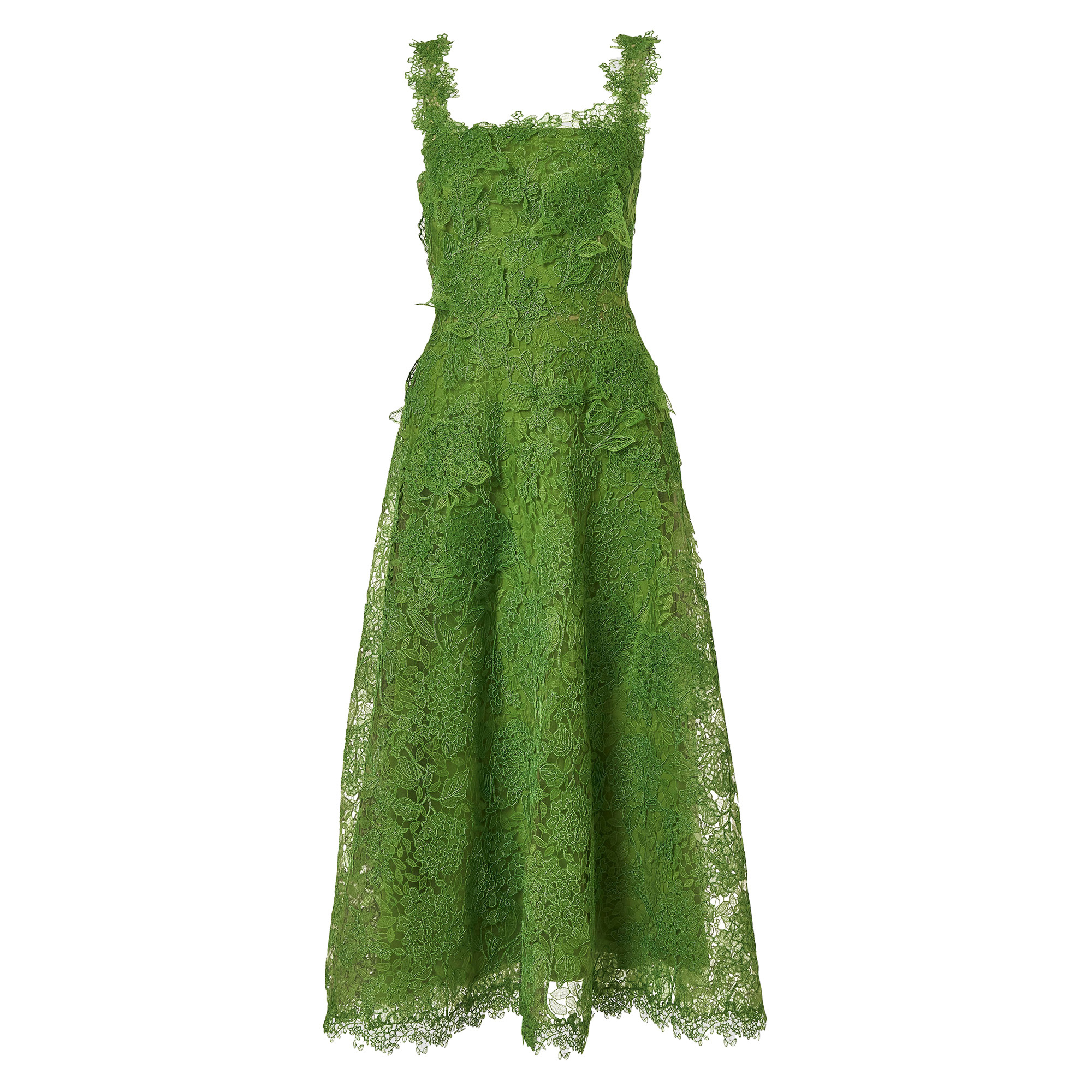 Slim Strap Square Neck Belted Lace Midi Dress