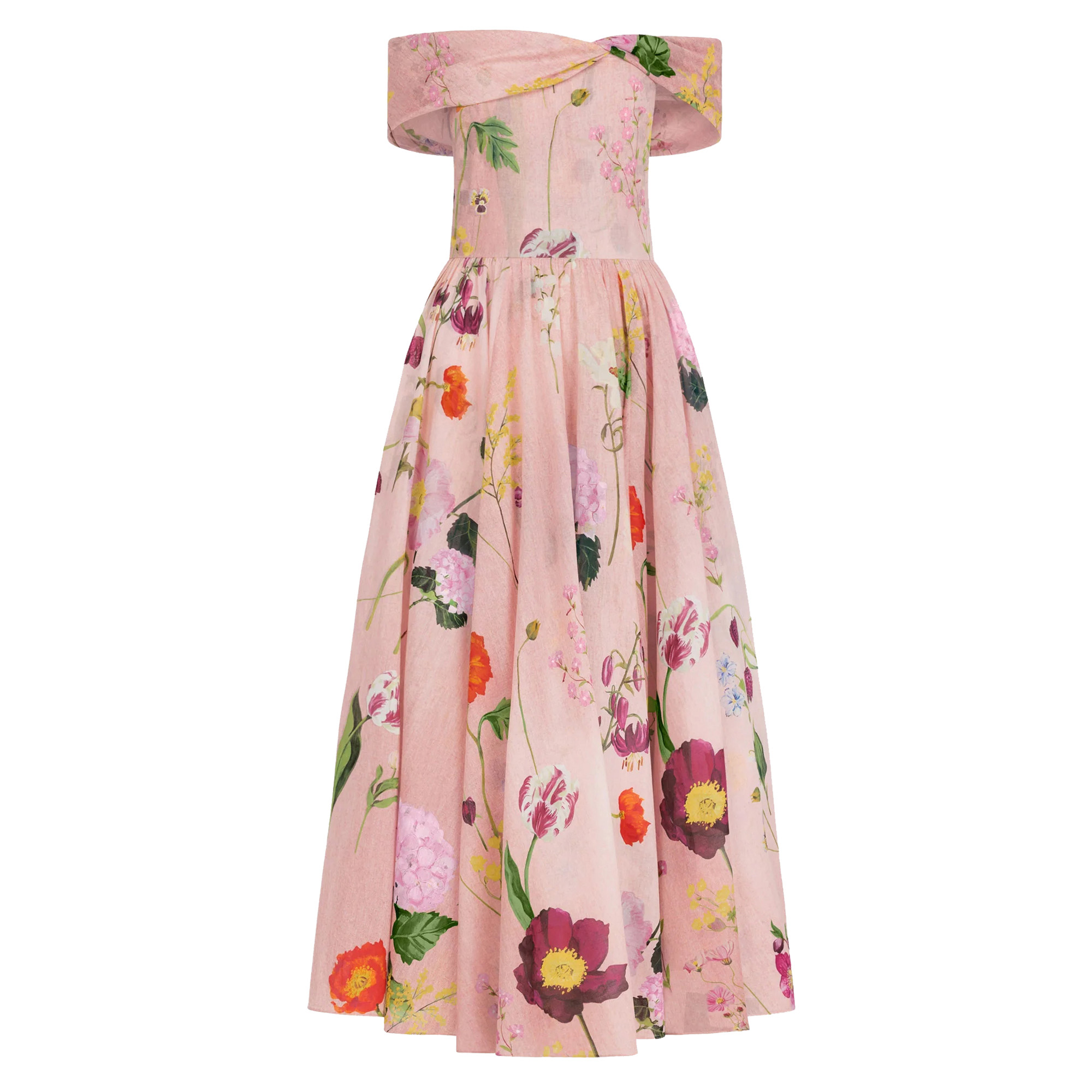 Mixed Botanical Off-Shoulder Midi Dress