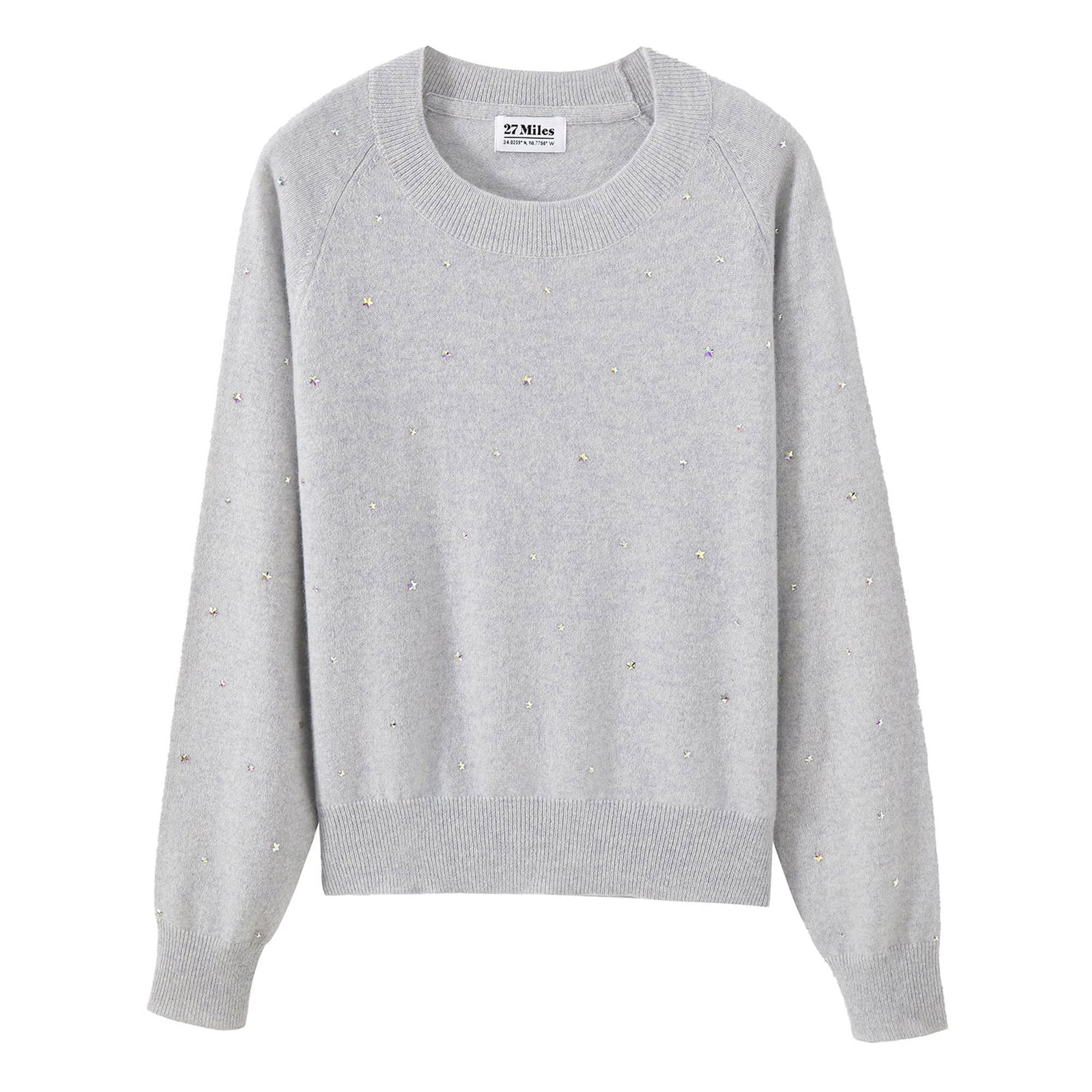Letitia Wide Crewneck Cashmere Sweater With Star Rhinestones
