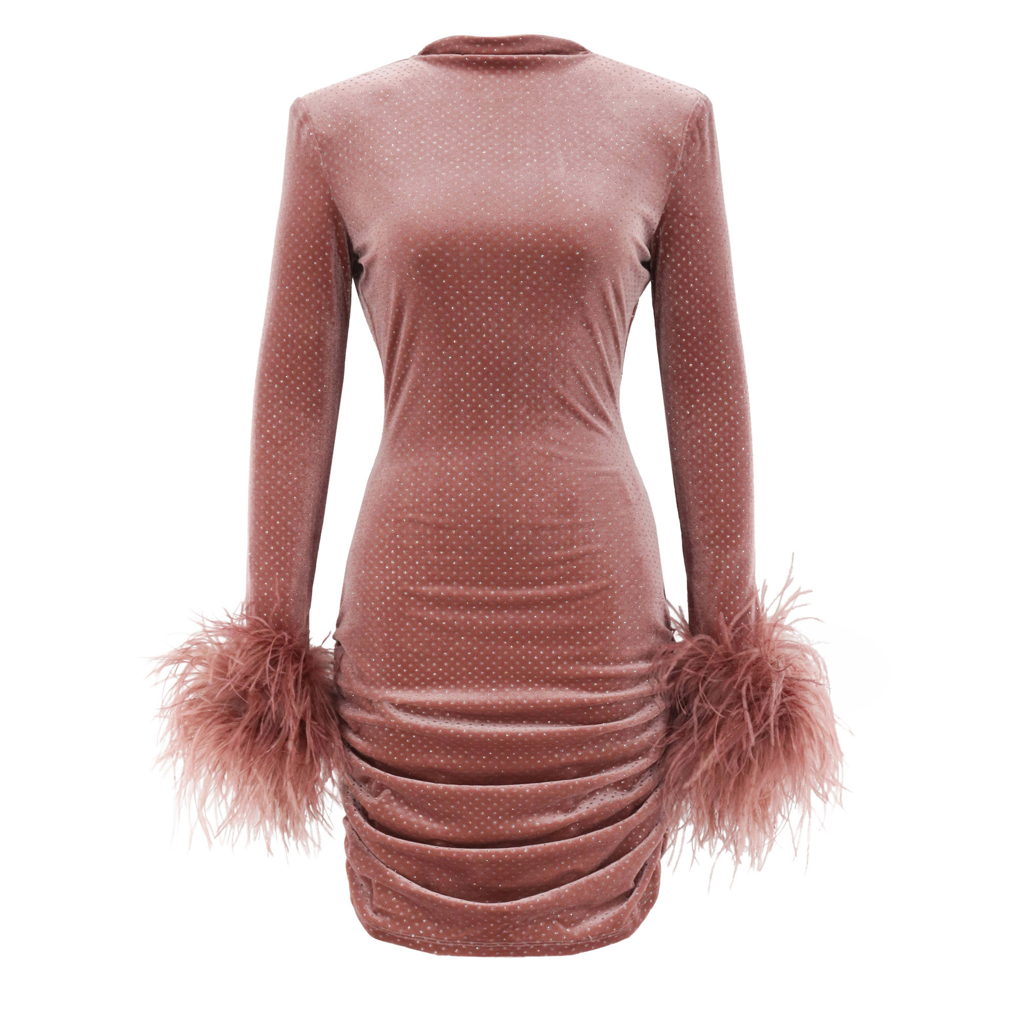 Feather Cuff Velvet Mini Dress With Sequins