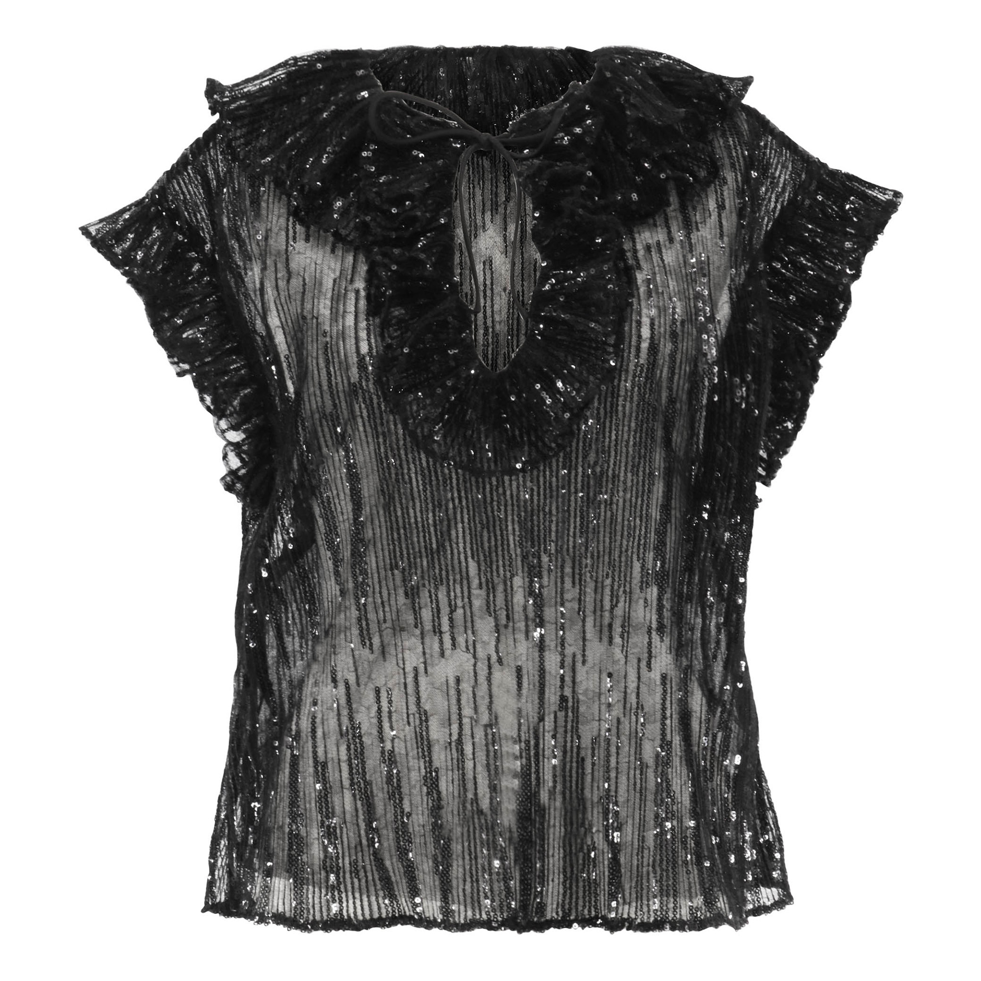 Este Short Sleeve Sequined Ruffle Tulle Top