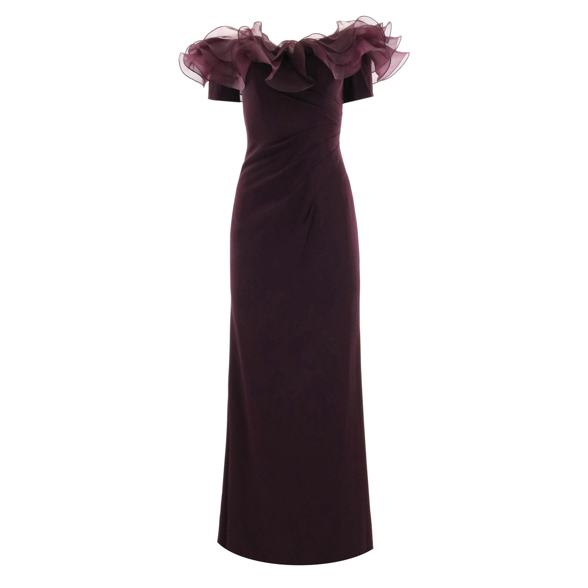 Ruffled Off Shoulder Crepe Gown