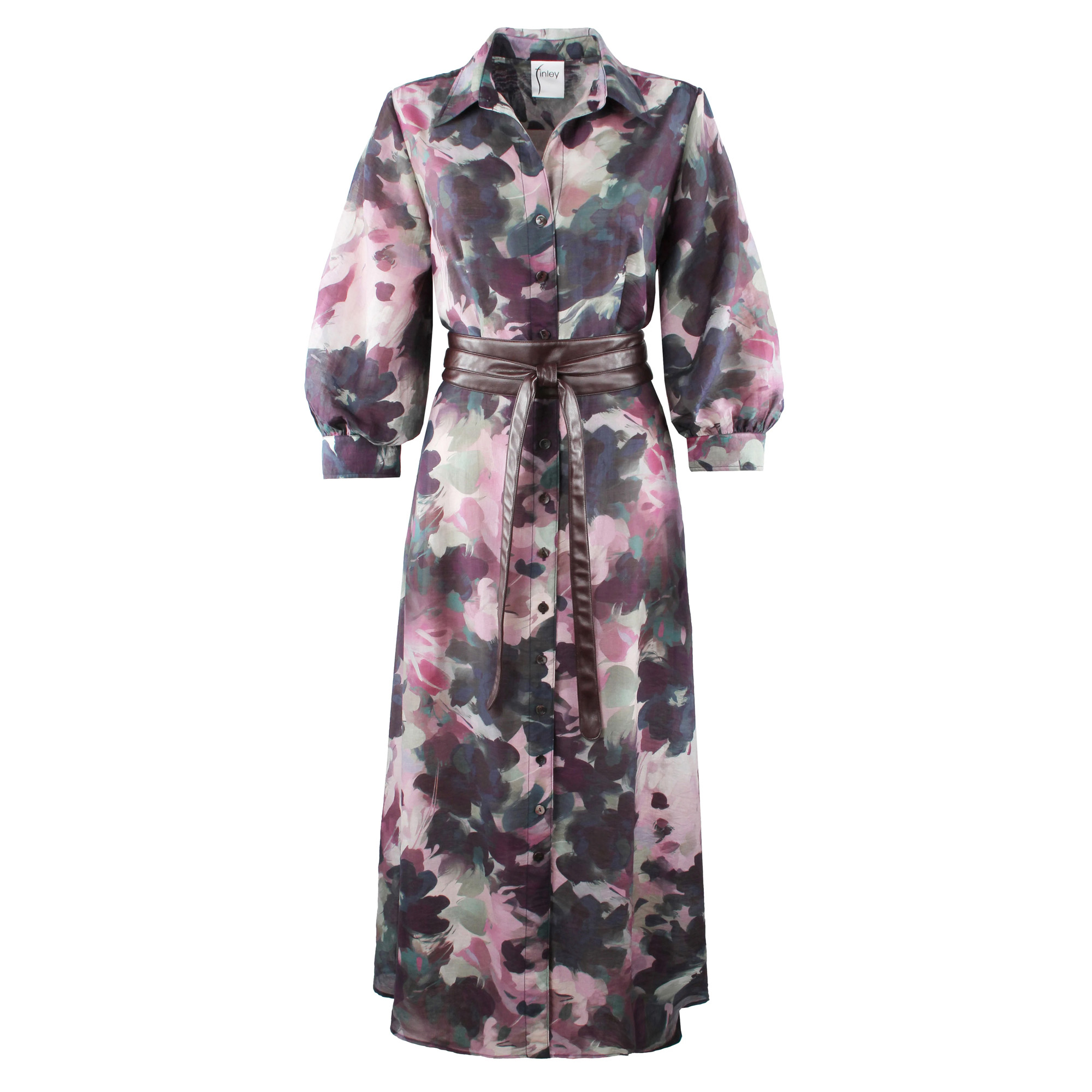Pilar 3/4 Sleeve Watercolor Print Belted Button-Front Maxi Dress