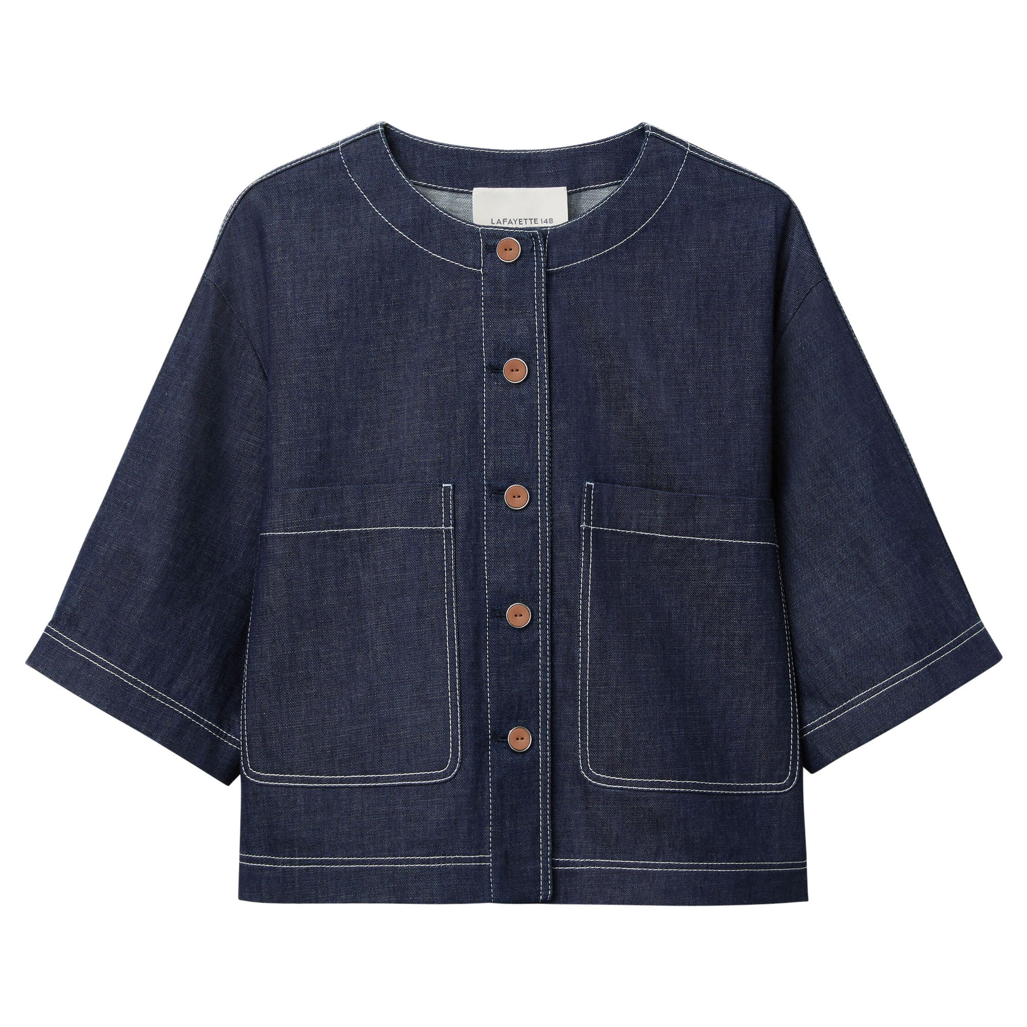 Chambray Short Sleeve Button-Front Cropped Jacket