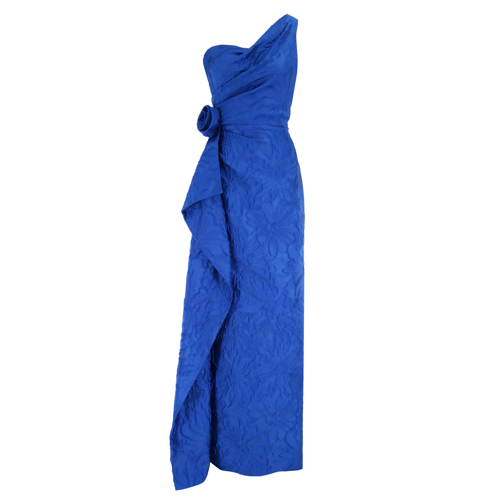 One Shoulder Draped Bow Tonal Jacquard Gown
