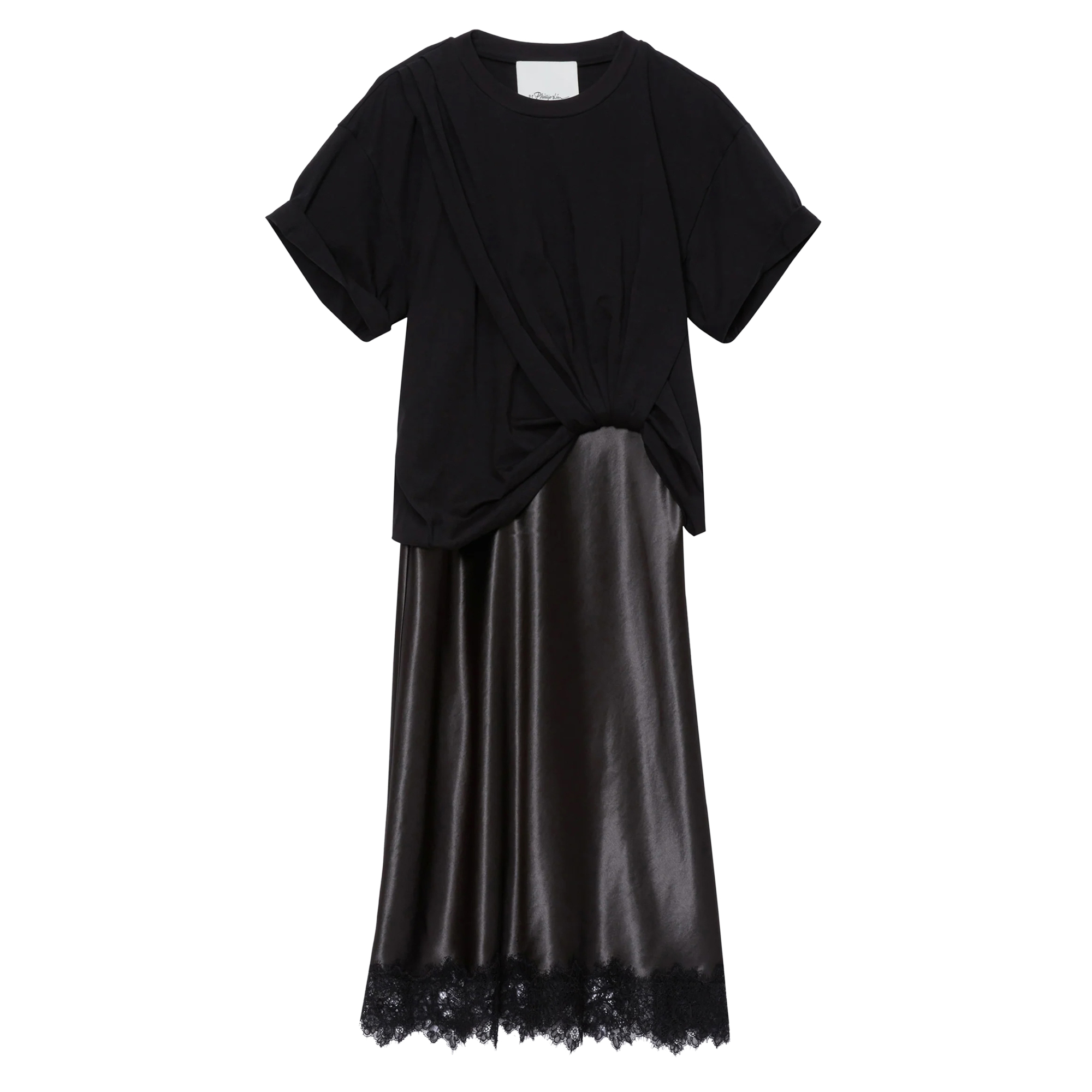 Draped Combo T-Shirt Slip Dress With Lace Trim