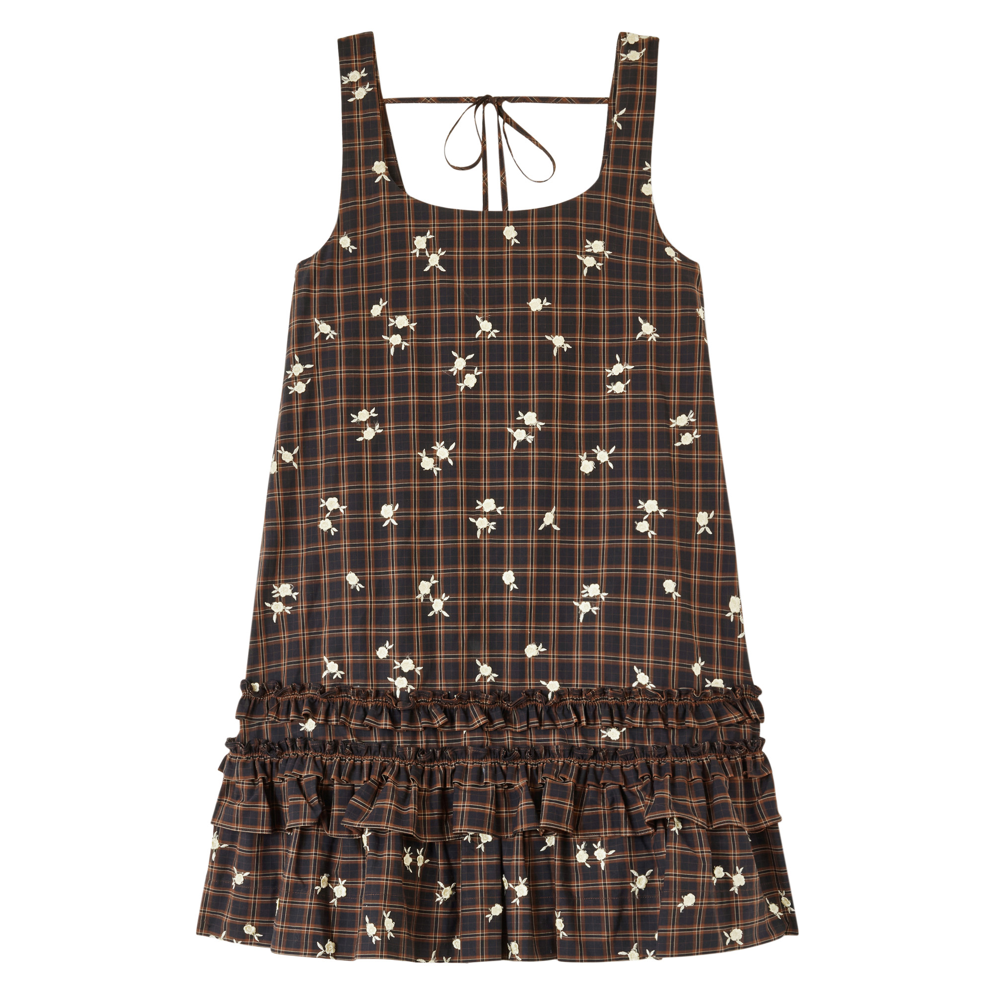 Sleeveless Yarn Dyed Check Flower U-neck Mini Dress
