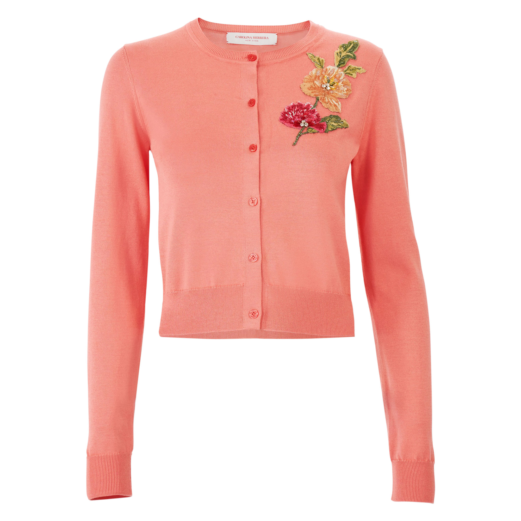Floral-Embroidered Long Sleeve Crewneck Cardigan