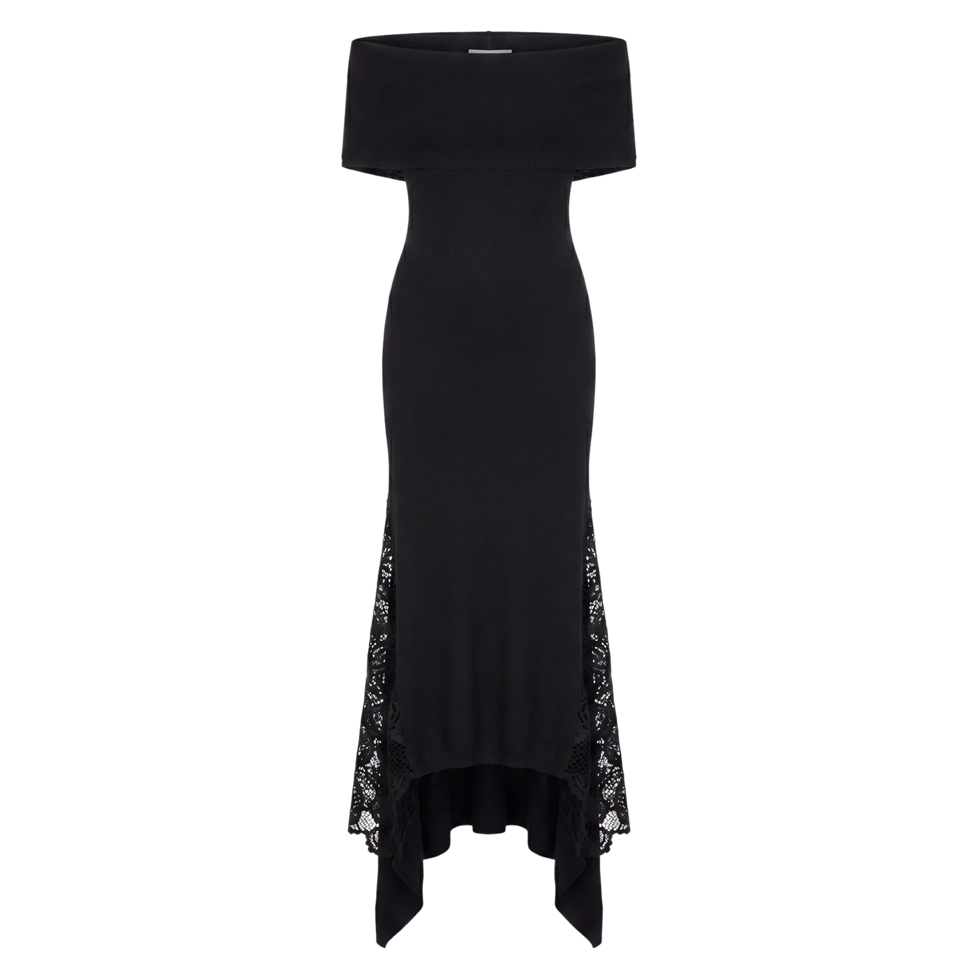Off-The-Shoulder Lace Knit Asymmetric Hem Midi Dress