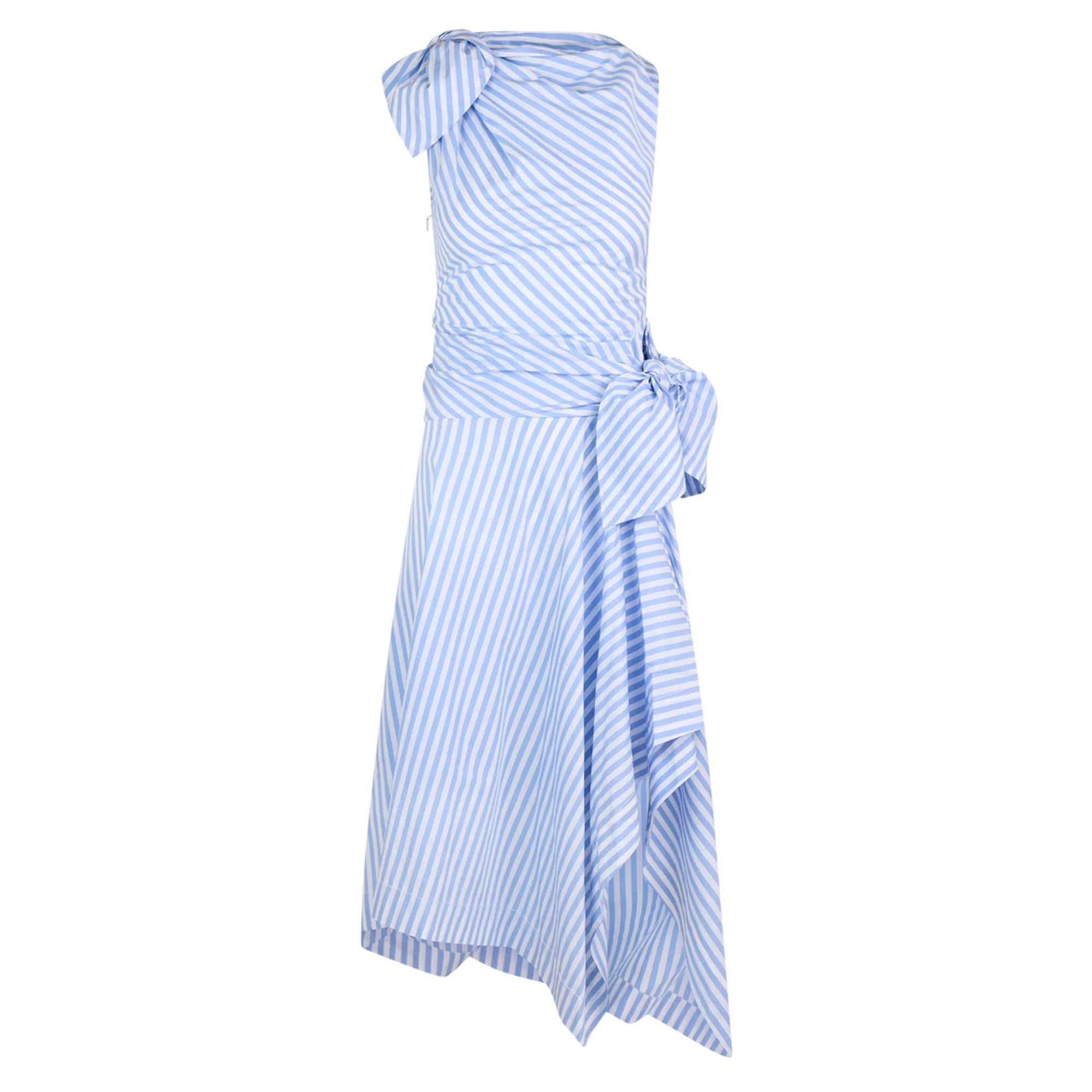 Sleeveless Bow Drape Pinstripe Shirting Cascade Midi Dress