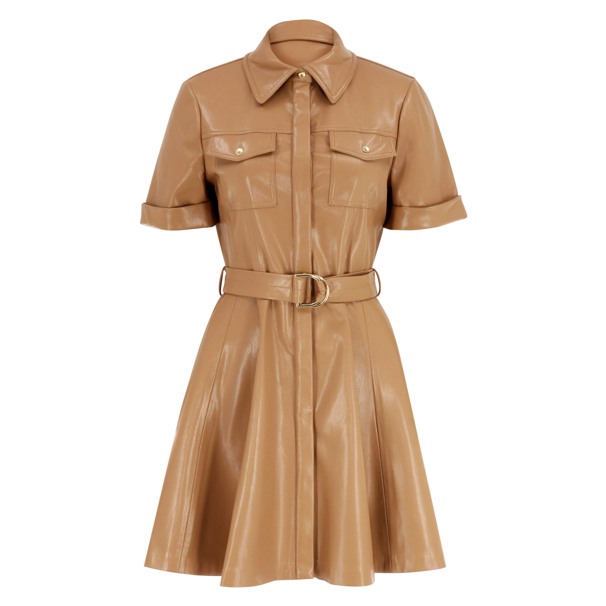 Lucy Short Sleeve Belted Vegan Leather Utility Mini Dress