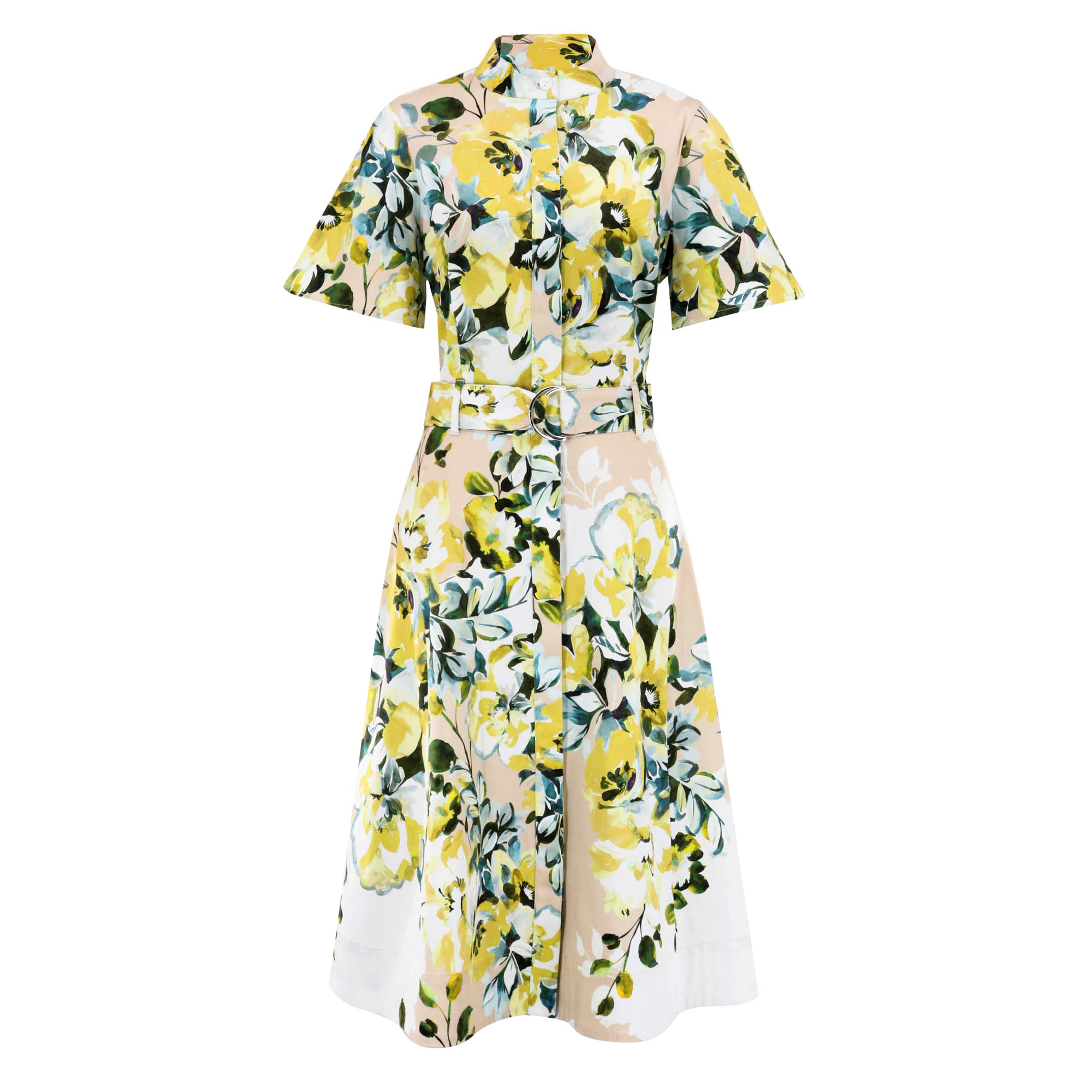 Short Sleeve Stand Collar Belted Cotton Mini Dress