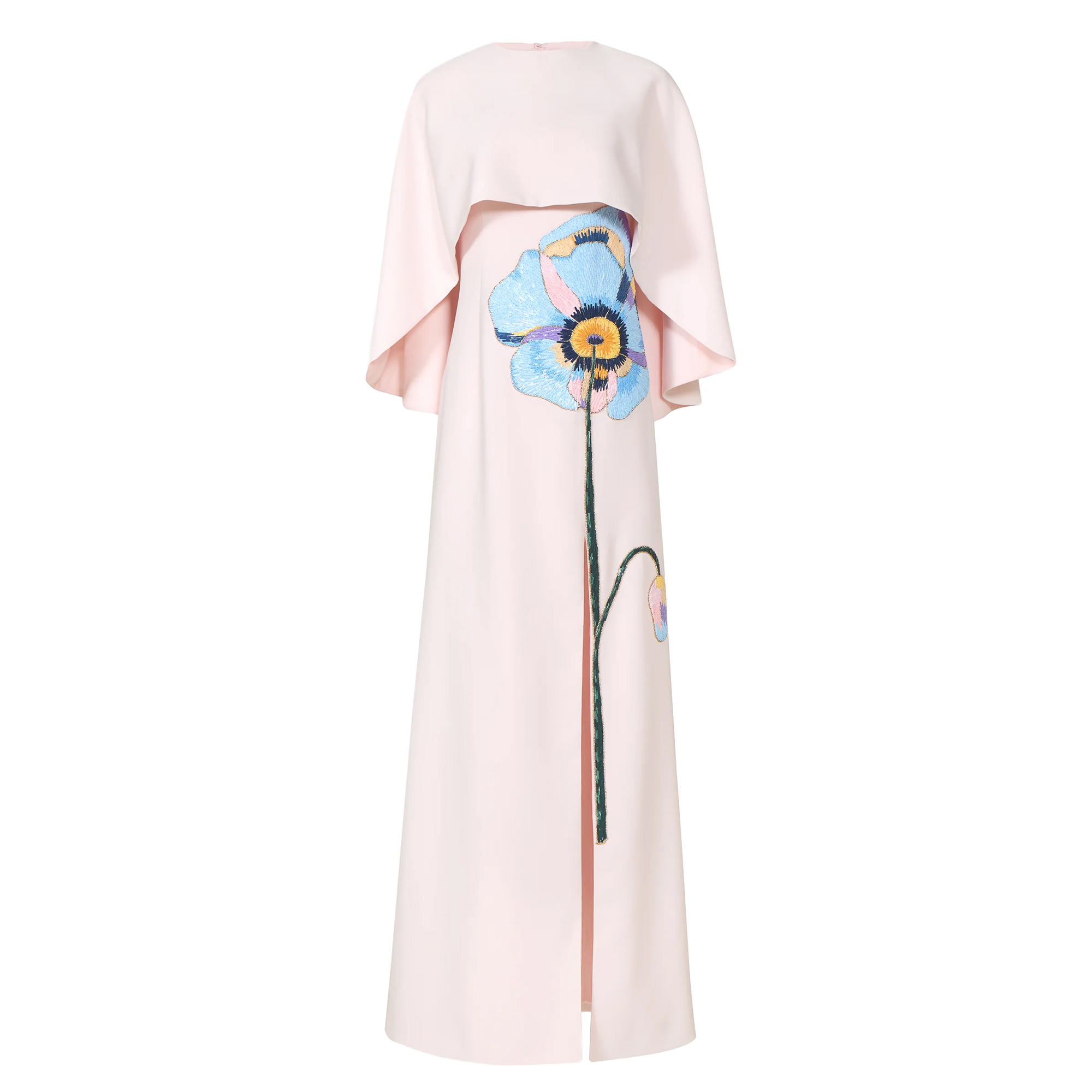 Jessine Strapless Floral Applique Crepe Gown With Cape