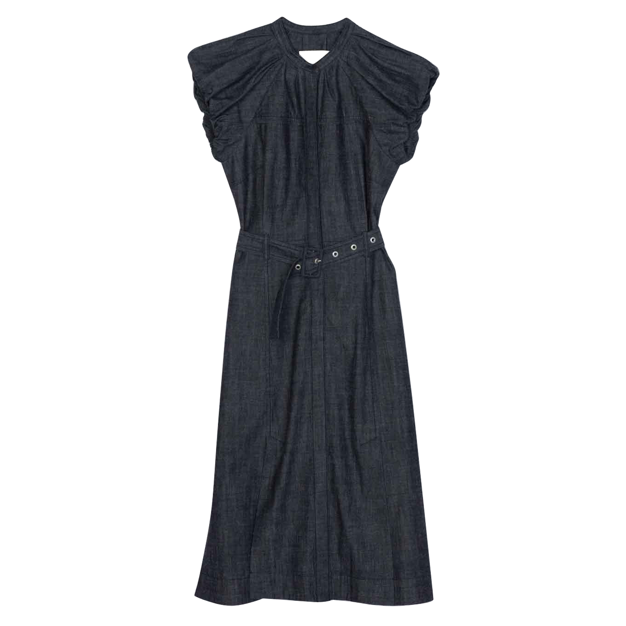 Denim Shirting Puff Sleeve Belted Midi Dress