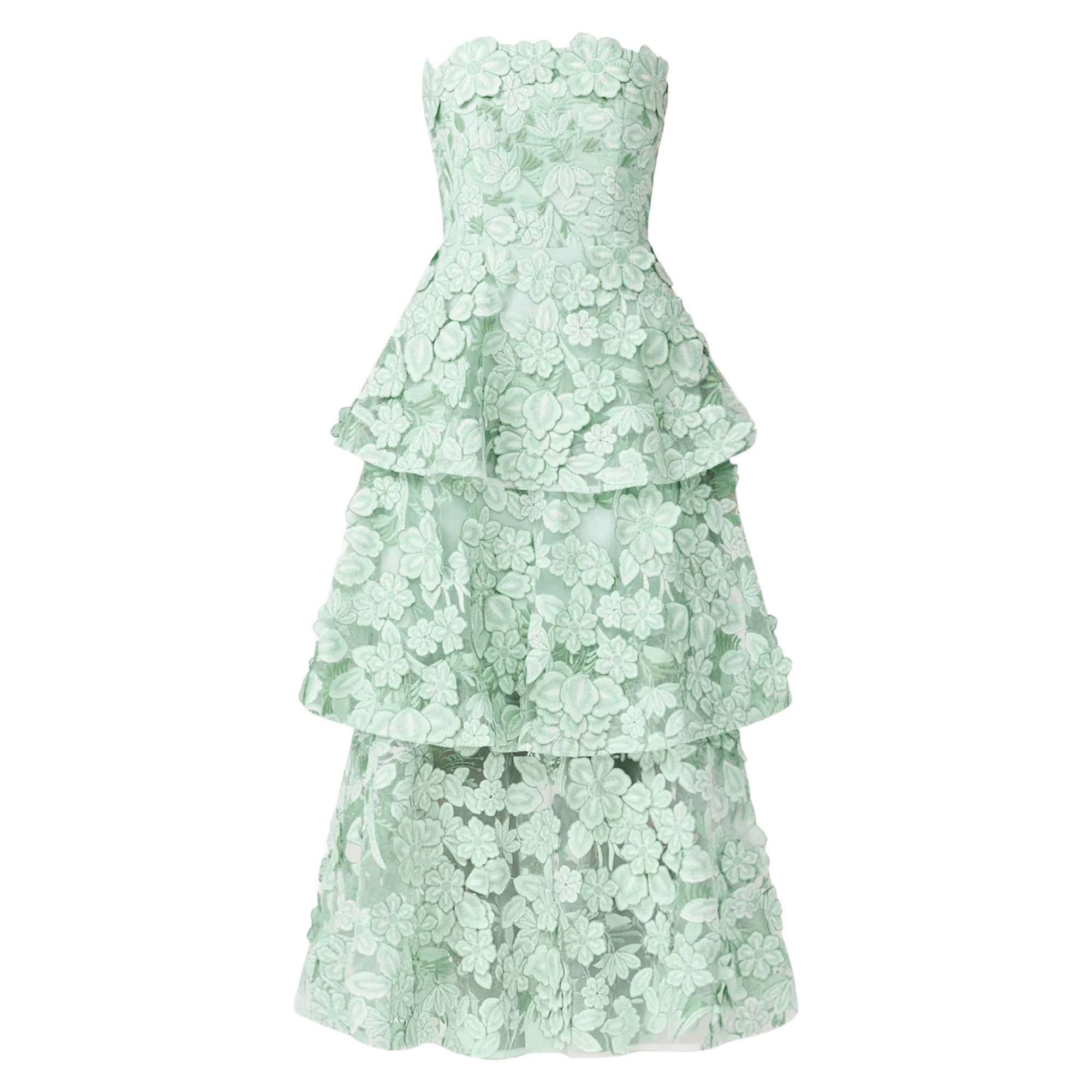Roseate Strapless Tiered 3D Floral Lace Maxi Dress