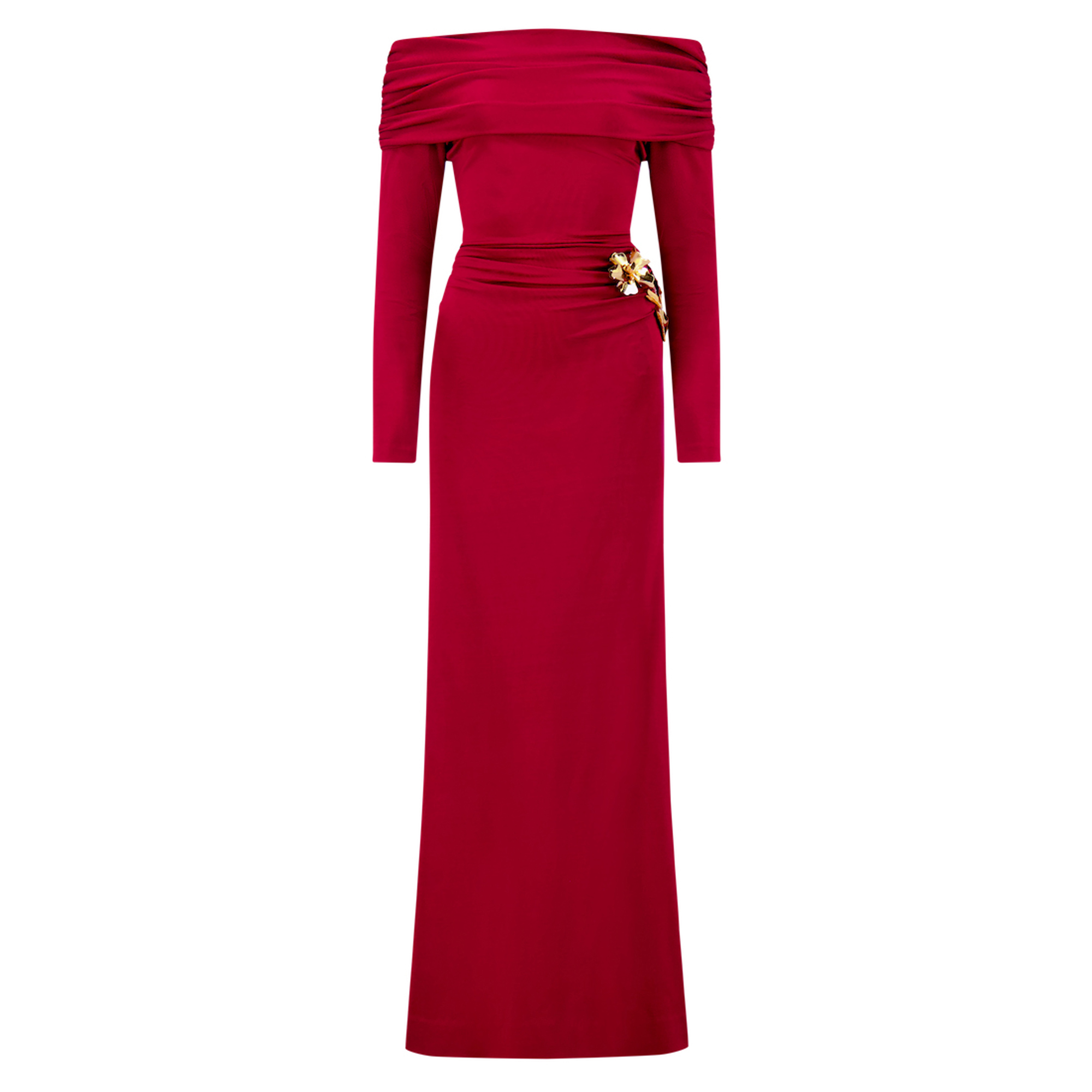 Embroidered Satin Jersey Draped Gown