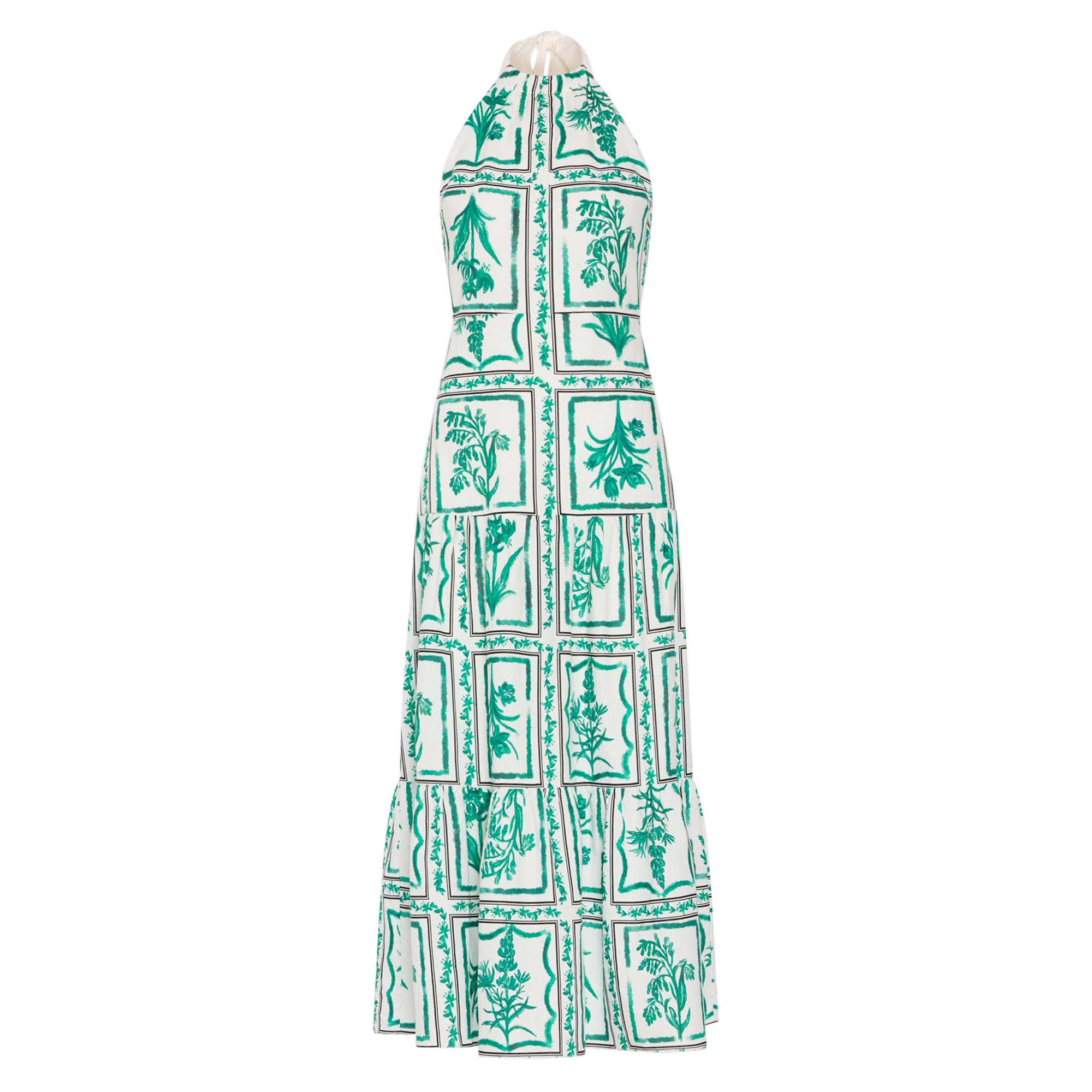 Hayden Sleeveless Halterneck Flora Tile Tiered Linen Midi Dress